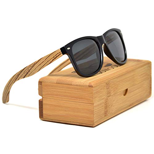 GOWOOD Gafas de sol para hombre y mujer con patillas de madera de zebrano y cristales negros polarizados