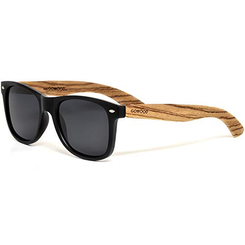 GOWOOD Gafas de sol para hombre y mujer con patillas de madera de zebrano y cristales negros polarizados