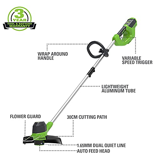 Greenworks cortacésped inalámbrico G40LT (Li-Ion 40V ancho corte 30cm velocidad variable 7500 rpm rosca alimentación automática barra guía aluminio Flowerguard Incluye batería 2Ah y cargador