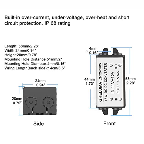 Greluma 1 Pieza DC 12v 24v a 9v Reductor convertidor Reductor 5A 45W Adaptador de Corriente Reductor para electrónica de Coche camión vehículo Barco Sistema Solar (entradas DC 11-40V)