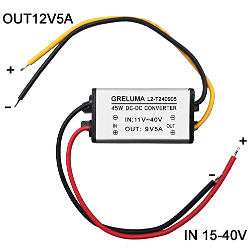 Greluma 1 Pieza DC 12v 24v a 9v Reductor convertidor Reductor 5A 45W Adaptador de Corriente Reductor para electrónica de Coche camión vehículo Barco Sistema Solar (entradas DC 11-40V)