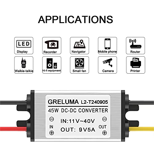 Greluma 1 Pieza DC 12v 24v a 9v Reductor convertidor Reductor 5A 45W Adaptador de Corriente Reductor para electrónica de Coche camión vehículo Barco Sistema Solar (entradas DC 11-40V)