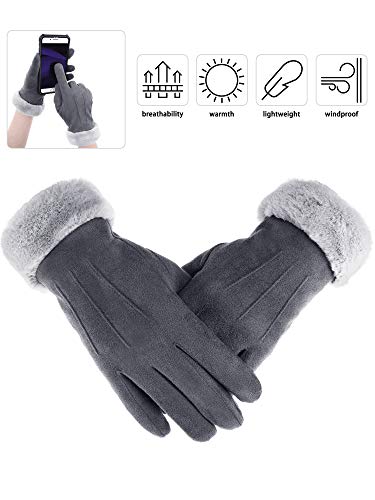 Guantes para Pantalla Táctil Manoplas de Invierno Guantes de Puño de Piel con Forro Polar para Materiales de Mujeres Chicas (Gris, 1)