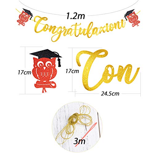 Guirnalda Congratulazioni Italiano Banderín Congratulación Con Búho Congratulations Banner Decoración Fiesta de Graduación Bandera Felicidades Papel DIY Cartulina (Dorado)