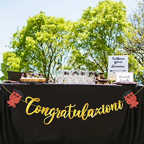 Guirnalda Congratulazioni Italiano Banderín Congratulación Con Búho Congratulations Banner Decoración Fiesta de Graduación Bandera Felicidades Papel DIY Cartulina (Dorado)