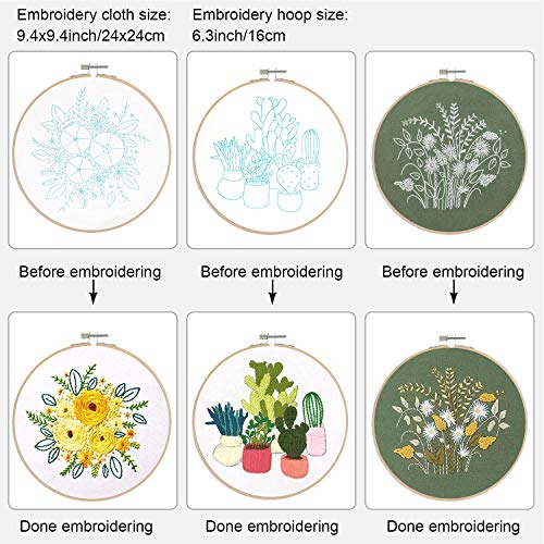 GuKKK Kit de Inicio de Bordado, Juego de Herramienta de Punto de Cruz con Patrón e Instrucciones, con 3 Aros de Bordado, 3 Tela Bordada, Hilos de Colores y Kit de Herramientas (3 Pcs)