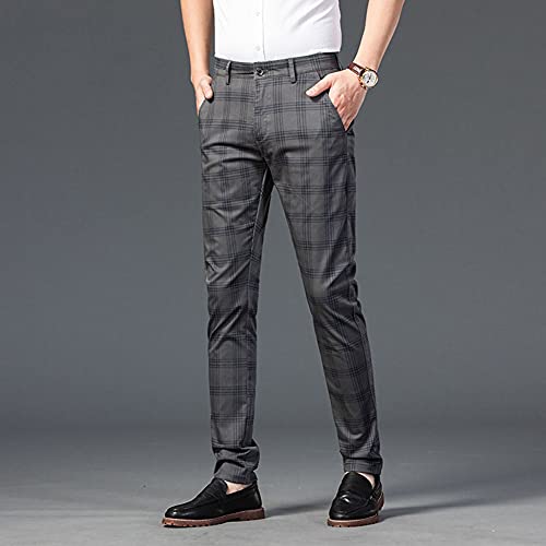 GUOCU Pantalones para Hombre Casual Cuadros Trabajo Empresarial Pantalones Deportivos Otoño Cremallera Cintura Elástica Derecho Delgado Negocios Jogging Long Pants con Bolsillos,Gris,M