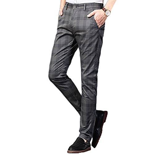 GUOCU Pantalones para Hombre Casual Cuadros Trabajo Empresarial Pantalones Deportivos Otoño Cremallera Cintura Elástica Derecho Delgado Negocios Jogging Long Pants con Bolsillos,Gris,M