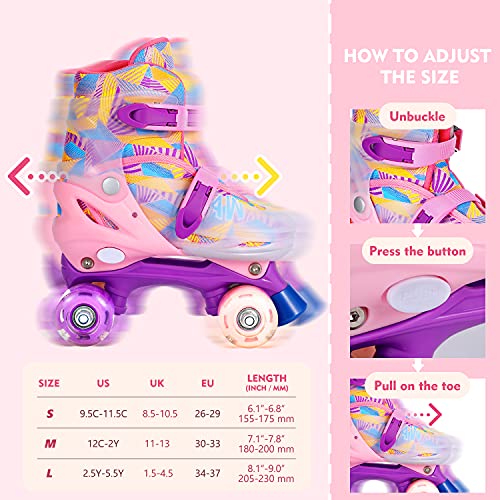 GVDV Patines en Paralelo Ajustables Niña, Patines 4 Ruedas PU Iluminación LED, Protección Total para Principiantes Rosa (26-37 EU)