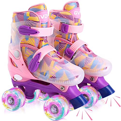 GVDV Patines en Paralelo Ajustables Niña, Patines 4 Ruedas PU Iluminación LED, Protección Total para Principiantes Rosa (26-37 EU)