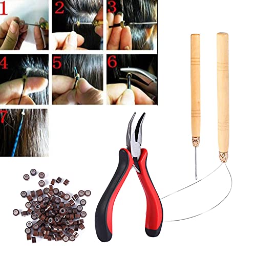 Hair Extension Rings, Hair Extension Tool 100PCS Silicone Beads Hair Extension Micro Rings + Hook Needle + Pulling Loop + Plier Tool Kit Hair Tinsel Strands Set for Salon and Household