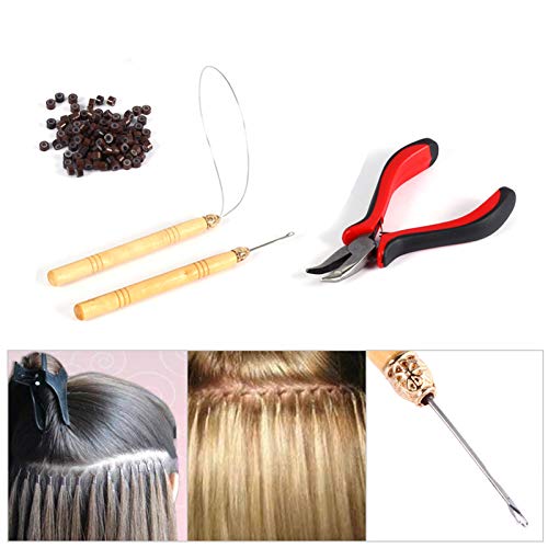 Hair Extension Rings, Hair Extension Tool 100PCS Silicone Beads Hair Extension Micro Rings + Hook Needle + Pulling Loop + Plier Tool Kit Hair Tinsel Strands Set for Salon and Household