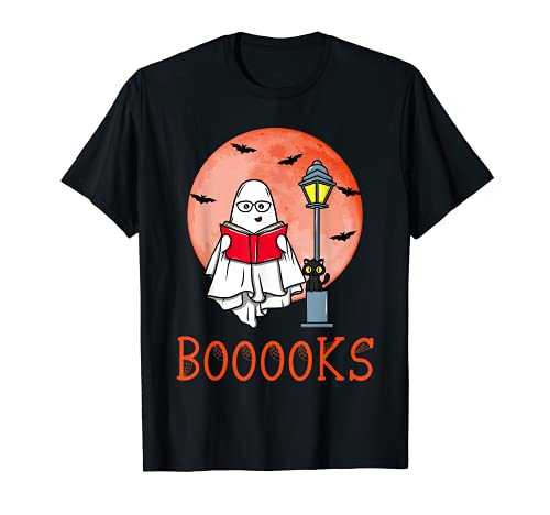 Halloween Booooks Ghost Fantasma Gato Luna Lectura Traje Camiseta