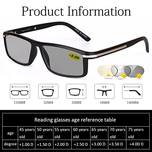 HAOXUAN Gafas de Lectura fotocromáticas para Hombres Gafas de Sol Inteligentes Que cambian de Color Marco empresarial Lector de Doble propósito para Interiores/Exteriores,Negro,+2.75