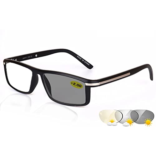 HAOXUAN Gafas de Lectura fotocromáticas para Hombres Gafas de Sol Inteligentes Que cambian de Color Marco empresarial Lector de Doble propósito para Interiores/Exteriores,Negro,+2.75