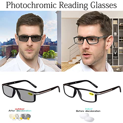 HAOXUAN Gafas de Lectura fotocromáticas para Hombres Gafas de Sol Inteligentes Que cambian de Color Marco empresarial Lector de Doble propósito para Interiores/Exteriores,Negro,+2.75