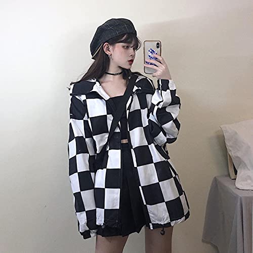 Harajuku Chaqueta a Cuadros Mujeres de Manga Larga Suelta Blanco Blanco Blanco Tablero de ajedrez de Color Plaid Plaid Moda Casual Abrigo Casual Unisex Streetwear