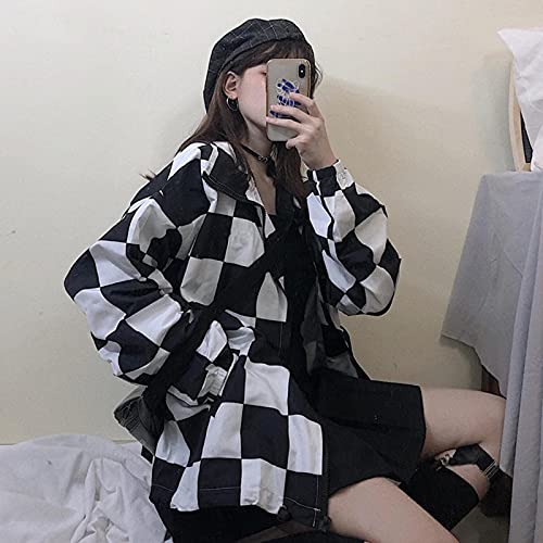 Harajuku Chaqueta a Cuadros Mujeres de Manga Larga Suelta Blanco Blanco Blanco Tablero de ajedrez de Color Plaid Plaid Moda Casual Abrigo Casual Unisex Streetwear