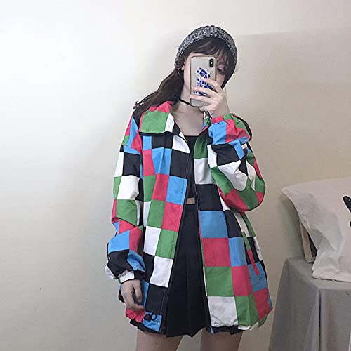 Harajuku Chaqueta a Cuadros Mujeres de Manga Larga Suelta Blanco Blanco Blanco Tablero de ajedrez de Color Plaid Plaid Moda Casual Abrigo Casual Unisex Streetwear