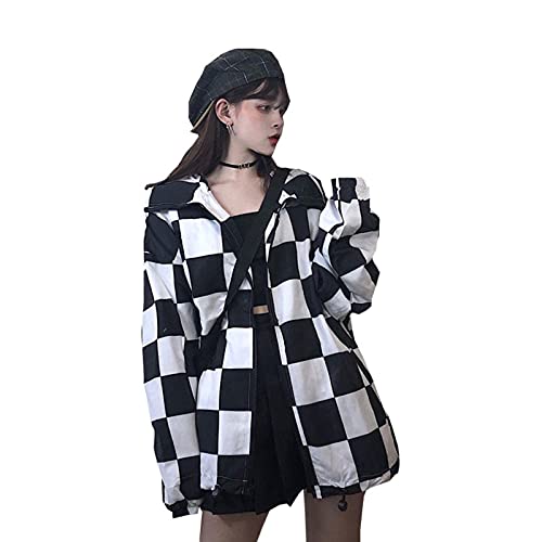 Harajuku Chaqueta a Cuadros Mujeres de Manga Larga Suelta Blanco Blanco Blanco Tablero de ajedrez de Color Plaid Plaid Moda Casual Abrigo Casual Unisex Streetwear