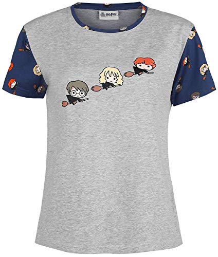 HARRY POTTER Chibi Quidditch Mujer Pijama Azul/ Gris M, 70% Poliester, 30% algodón,