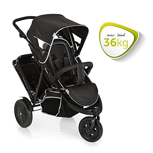 Hauck Freerider Silla de paseo gemelar para 1 o 2 niños de diferentes edades, asientos desmontables, tandem, de 0 meses (acoplando capazo blando) hasta 2 x 15 kg, dos protectores de lluvia, negro