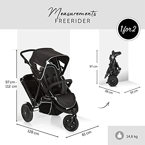 Hauck Freerider Silla de paseo gemelar para 1 o 2 niños de diferentes edades, asientos desmontables, tandem, de 0 meses (acoplando capazo blando) hasta 2 x 15 kg, dos protectores de lluvia, negro