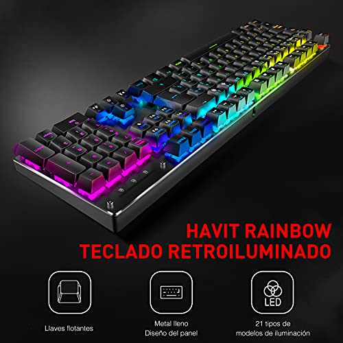 havit Teclado mecánico Gaming y ratón Español Teclados Gaming con Cable, Azul Anti-Efecto Fantasma de 105 Teclas, Ratón Gaming programable 4800DPI, Negro