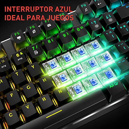 havit Teclado mecánico Gaming y ratón Español Teclados Gaming con Cable, Azul Anti-Efecto Fantasma de 105 Teclas, Ratón Gaming programable 4800DPI, Negro