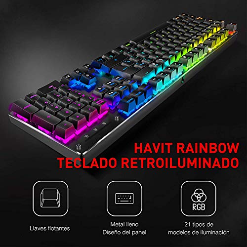 havit Teclado mecánico Gaming y ratón Español y Alfombrilla Gaming,Teclados Gaming con Cable, Azul Anti-Efecto Fantasma, Ratón Gaming programable, Negro