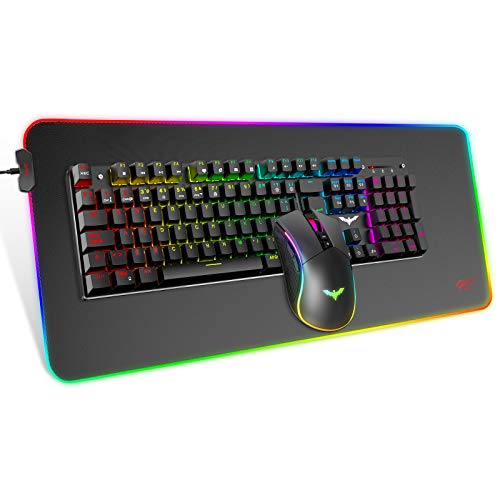 havit Teclado mecánico Gaming y ratón Español y Alfombrilla Gaming,Teclados Gaming con Cable, Azul Anti-Efecto Fantasma, Ratón Gaming programable, Negro