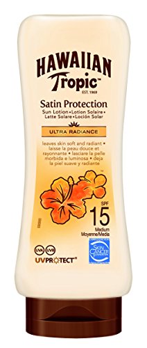 Hawaiian Tropic Satin Protection Ultra Radiance - Loción Solar de Protección Media SPF 15 Protege y Suaviza la Piel, Fragancia Frutas Tropicales - 180 ml
