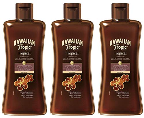 HAWAIIAN Tropic Tanning Oil - Aceite Bronceador Solar Corporal, Potenciador del Bronceado Fragancia Tropical, Transparente, Pack 3 x 200 Mililitros