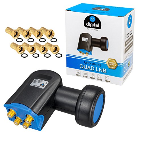 HB-DIGITAL Quad LNB LNC 4 participantes Direct Full HD TV 3D 4K Negro + contactos chapados en oro + protección contra la intemperie extensible en un set con 8 enchufes F chapados en oro