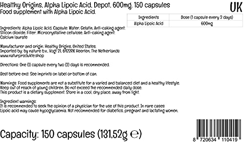 Healthy Origins, Alpha Lipoic Acid ( Ácido Alfa Lipoico ), 600 mg Depot, Dosis para 2 Días, 150 Cápsulas, Testado en Laboratorio, Altamente Dosificado, Sin Gluten, Sin Soja, no GMO