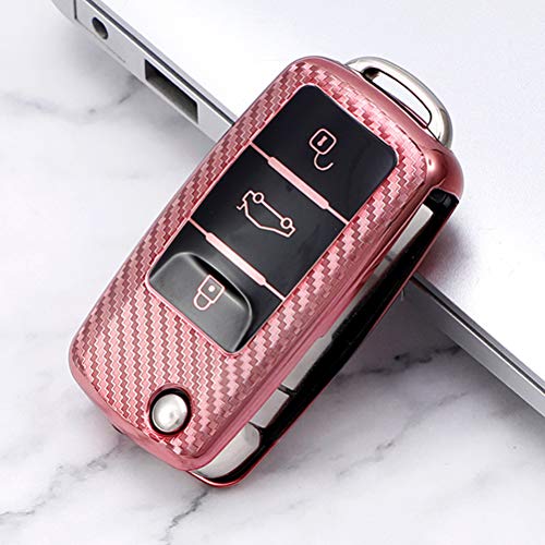 Heart Horse Remote Car Key Case Protección completa Soporte de TPU suave Compatible con Skoda Polo J-e-tta Golf Leon Toledo Altea Amarok Scirocco - Rosa Carbón