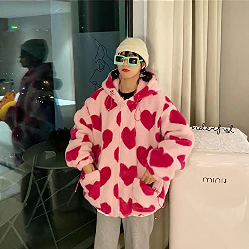 Heart Print Mujer Chaqueta de Mujer Invierno Caliente Cremallera con Capucha Franela Parka Harajuku Lambswool Sherpa Streetwear Flojo Pareja Hoodie Coat