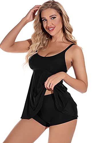 heekpek Tankinis Bikinis Traje De Baño Mujer Bañador de 2 Piezas Conjuntos Camisola Retro Top Floral Braga Short Control de Barriga Playa Swimsuit Swimwear Beachwear Sexy(Negro,S)