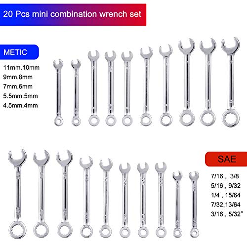 HELAKLS Juego de llaves combinadas de 20 piezas con caja abierta métrica SAE llave estándar pequeña para ensamblar equipos de muebles con bolsa de almacenamiento portátil