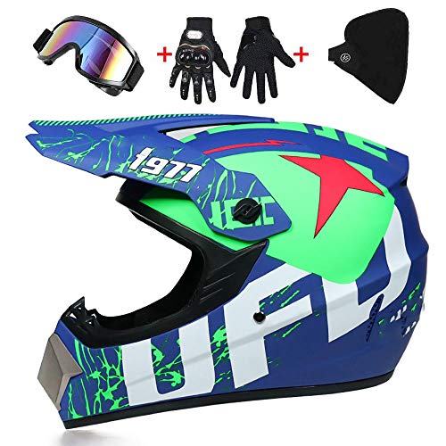 Helmet LWAJ Casco de Moto Unisex Offroad, Dot conGafas/Guantes/Máscaras Casco de Bicicleta Montaña MTB Casco de Motocross Cuesta Abajo de Cara Completa BMX Quad (52-59 cm)