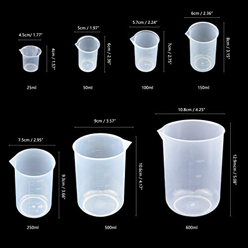 HENTEK 7 Piezas Vaso Graduado 50 ml 100 ml 150 ml 250 500 ml 600 ml Vasos dosificadores de plástico Transparente para Cocina y Laboratorio