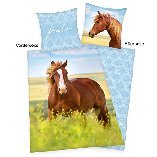 Herding Young Collection - Juego de Funda nórdica y Funda de Almohada (140 x 200 cm y 70 x 90 cm, algodón), diseño de Caballo, Algodón Franela, Multicolor, Österreichische Größe