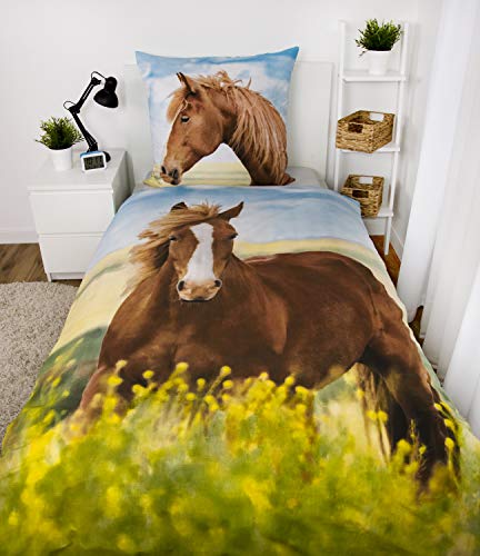 Herding Young Collection - Juego de Funda nórdica y Funda de Almohada (140 x 200 cm y 70 x 90 cm, algodón), diseño de Caballo, Algodón Franela, Multicolor, Österreichische Größe