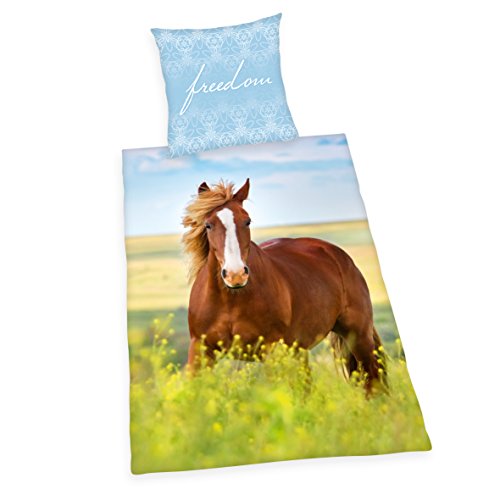 Herding Young Collection - Juego de Funda nórdica y Funda de Almohada (140 x 200 cm y 70 x 90 cm, algodón), diseño de Caballo, Algodón Franela, Multicolor, Österreichische Größe