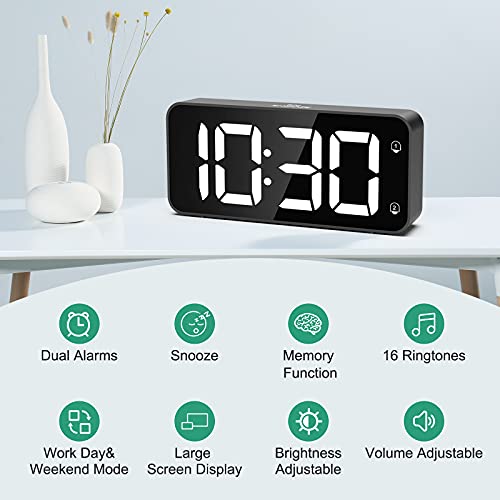 HERMIC Reloj Despertador Digital, LED Despertador con Cable USB, 0-100% Atenuador de Brillo, Pantalla Digital Clara Grande, Snooze, 12 / 24H, Alarmas Duales, Volumen Ajustable, Incluye Adaptador