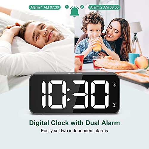 HERMIC Reloj Despertador Digital, LED Despertador con Cable USB, 0-100% Atenuador de Brillo, Pantalla Digital Clara Grande, Snooze, 12 / 24H, Alarmas Duales, Volumen Ajustable, Incluye Adaptador