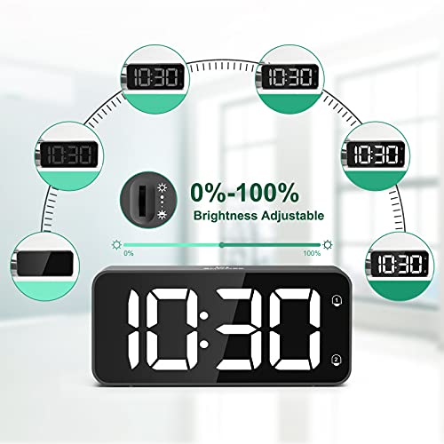 HERMIC Reloj Despertador Digital, LED Despertador con Cable USB, 0-100% Atenuador de Brillo, Pantalla Digital Clara Grande, Snooze, 12 / 24H, Alarmas Duales, Volumen Ajustable, Incluye Adaptador