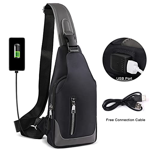 HEROIC KNIGHT Bolsa de Pecho con Puerto de Carga USB, Bolsa Bandolera Hombre Impermeable, Sling bag Bolsos Cruzados Mochilas Pequeñas para Hombres Mujeres Senderismo Ligero Ciclismo Viaje-Negro