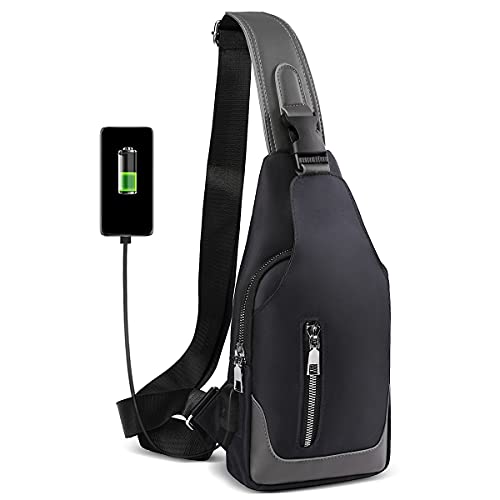 HEROIC KNIGHT Bolsa de Pecho con Puerto de Carga USB, Bolsa Bandolera Hombre Impermeable, Sling bag Bolsos Cruzados Mochilas Pequeñas para Hombres Mujeres Senderismo Ligero Ciclismo Viaje-Negro