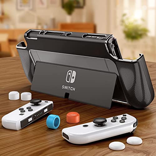 HEYSTOP Carcasa para Nintendo Switch OLED, Funda Protectora Switch OLED con Agarre Ergonómico de TPU Comfort y Agarres para el Pulgar para Nintendo Switch OLED Model, Anti-Choques/Arañazo, Negro